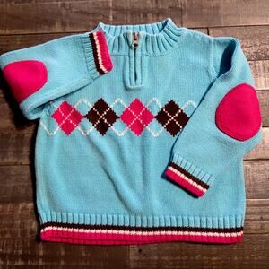 Hanna Andersson Blue Argyle Stripe Sweater, Elbow Patches Size 90 (3T)